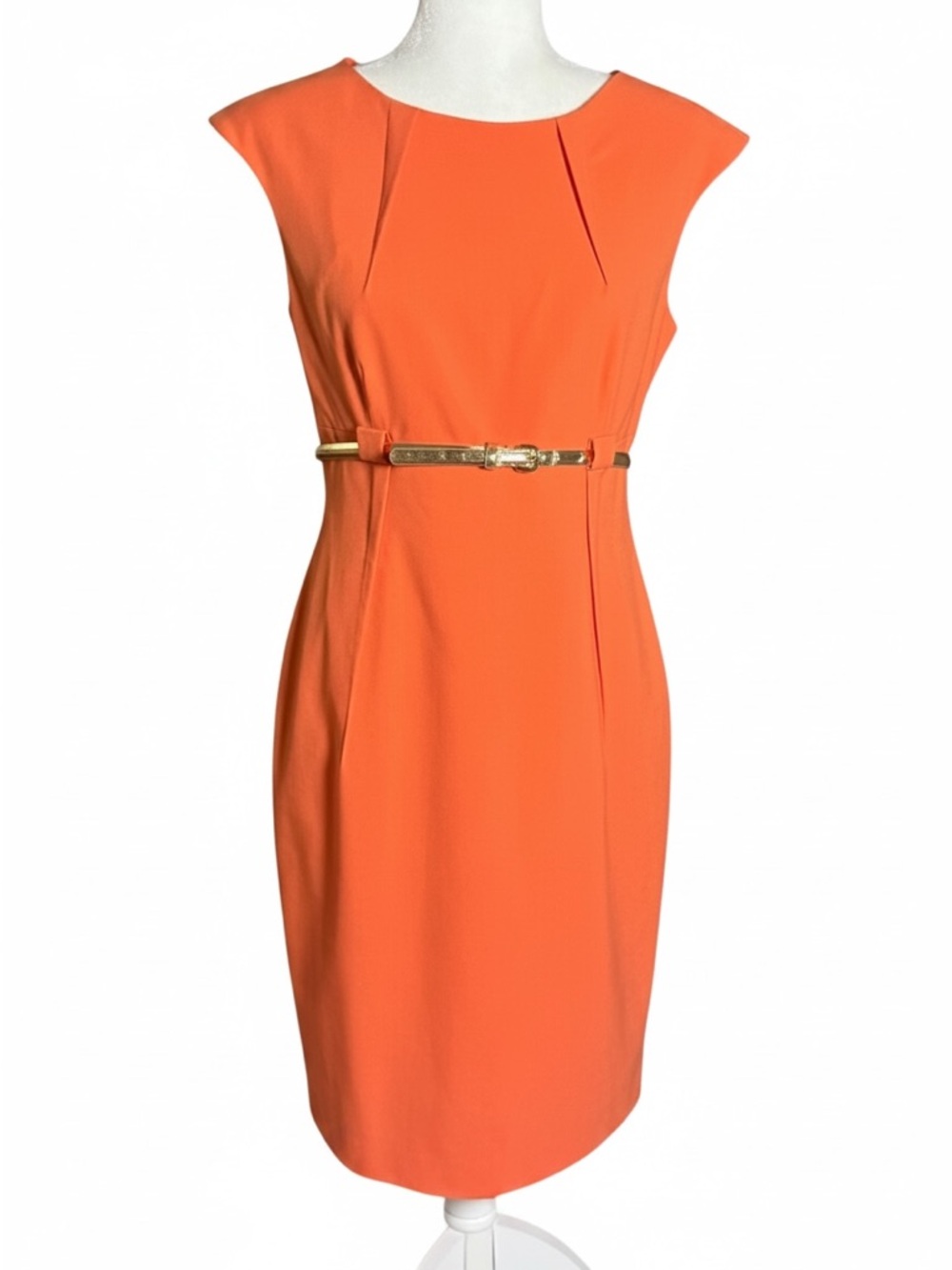 Calvin Klein Orange Midi Sheath Dress with Gold-Tone Belt